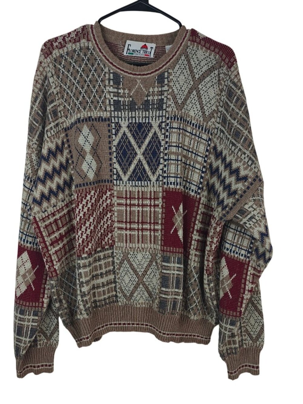 Vintage Florence Tricot Men's Patchwork Sweater Beige Multi XL Cotton/Acrylic